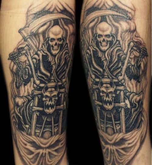 Grim Reaper Riding Motorbike Tattoo On Sleeve