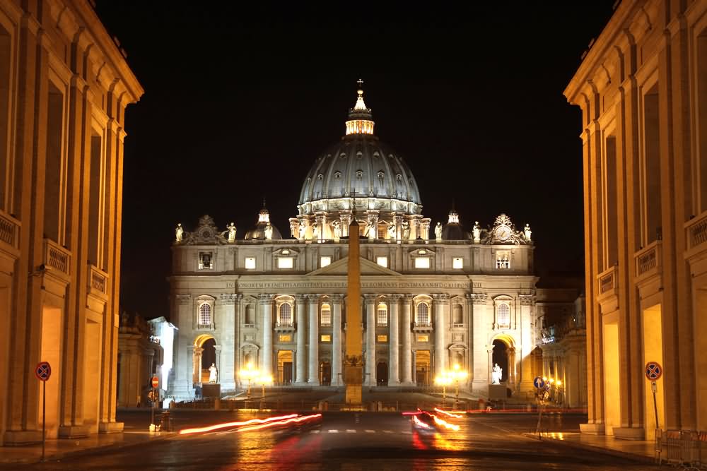 Front Picture Of St. Peter's Basilica At Night