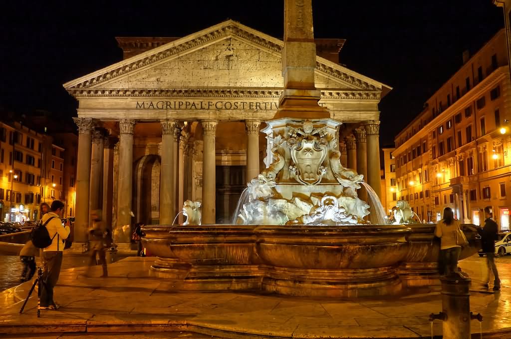 Front View Of Pantheon And Fountain At Night