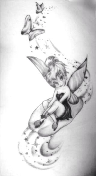 Gery Ink Tinkerbell With Butterfly Tattoo Design