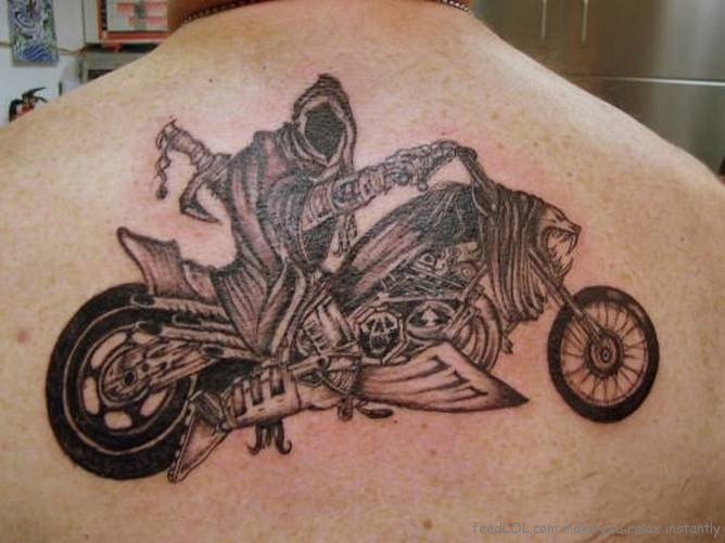 Ghost Rider Tribal Motorcycle Tattoo On Upper Back