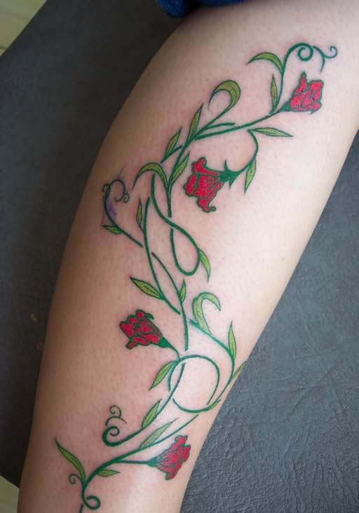 Green And Red Vine Flowers Tattoo Design For Leg