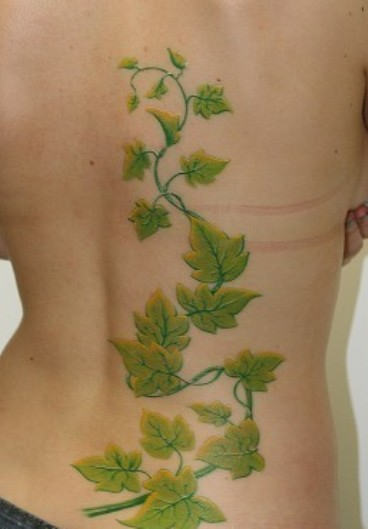Green Ink Leave Vine Tattoo On Full Back