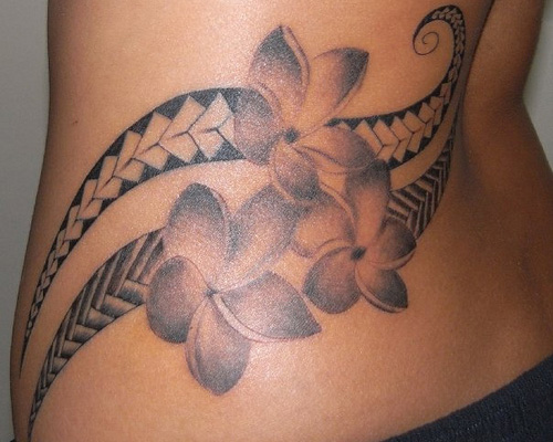 Grey Ink Hawaiian Flower Tattoo Design For Side Rib