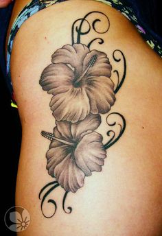 Grey Ink Hawaiian Flowers Tattoo Design For Side Rib