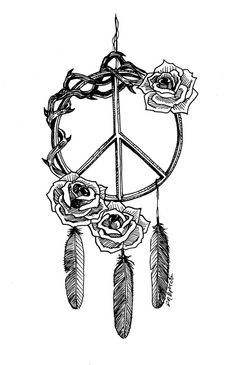Grey Ink Hippie Dreamcatcher With Roses Tattoo Design By Elin Bjorck