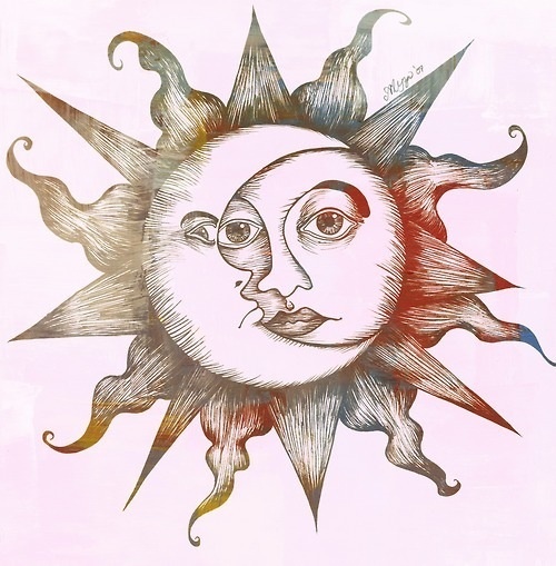 Grey Ink Hippie Sun And Half Moon Tattoo Design By Angelia