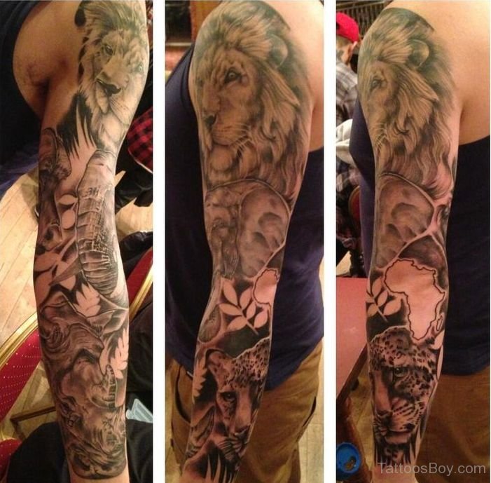 Grey Ink Leo Tattoo Design For Sleeve