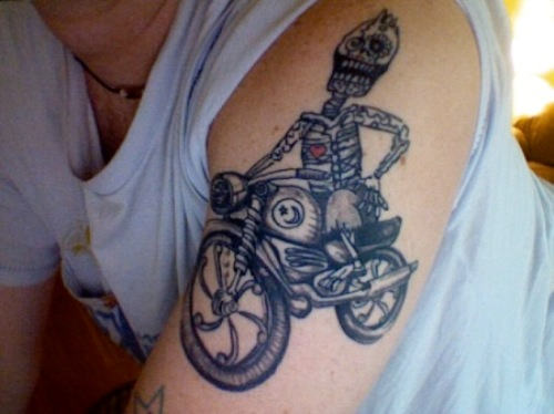 Grey Ink Motorbike Tattoo On Left Shoulder