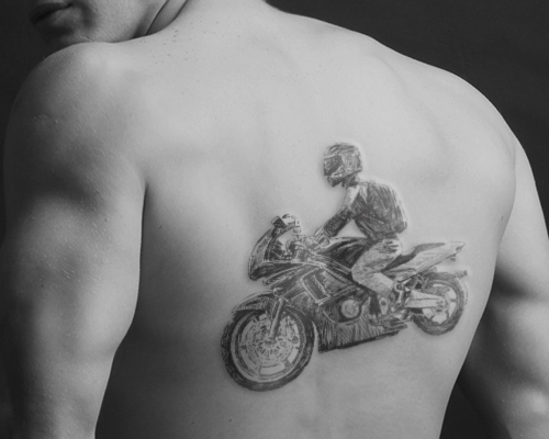 Grey Ink Motorbike Tattoo On Man Back Body