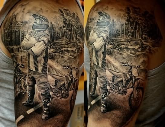 Grey Ink Motorcycle Tattoo On Man Left Half Sleeve