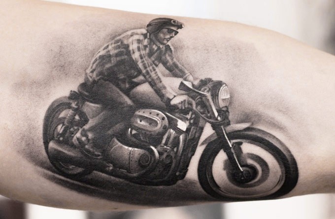 Grey Ink Realistic Motorbike Tattoo by Denis Sivak