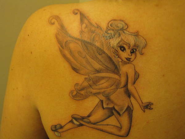 Grey Ink Tinkerbell Tattoo On Left Back Shoulder