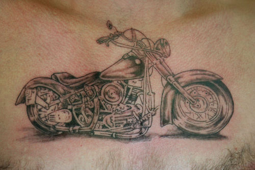 Grey Motorbike Tattoo On Man Chest