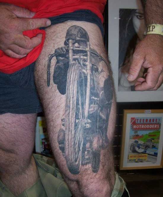 Grey Motorcycle Tattoo On Left Thigh