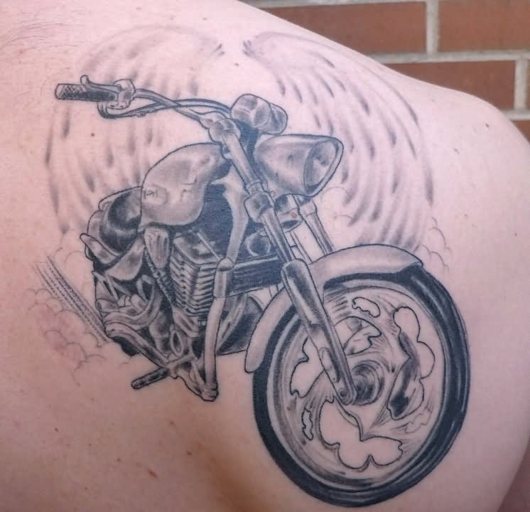 Grey Motorcycle Tattoo On Right Back Shoulder