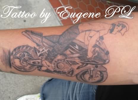 Grey Motorcycle Tattoo on Right Arm For Men
