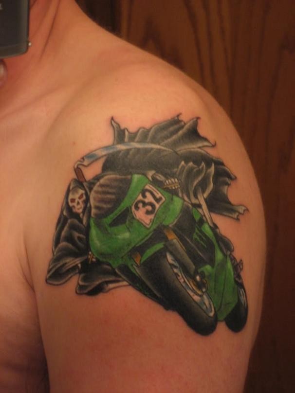 Grim Reaper Riding Motorbike Tattoo On Left Shoulder
