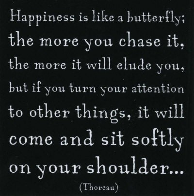 Happiness is like a butterfly the more you chase it the more it will elude you but if you turn your attention to other things it will come and sit softly on your shoulder.  -  Thoreau