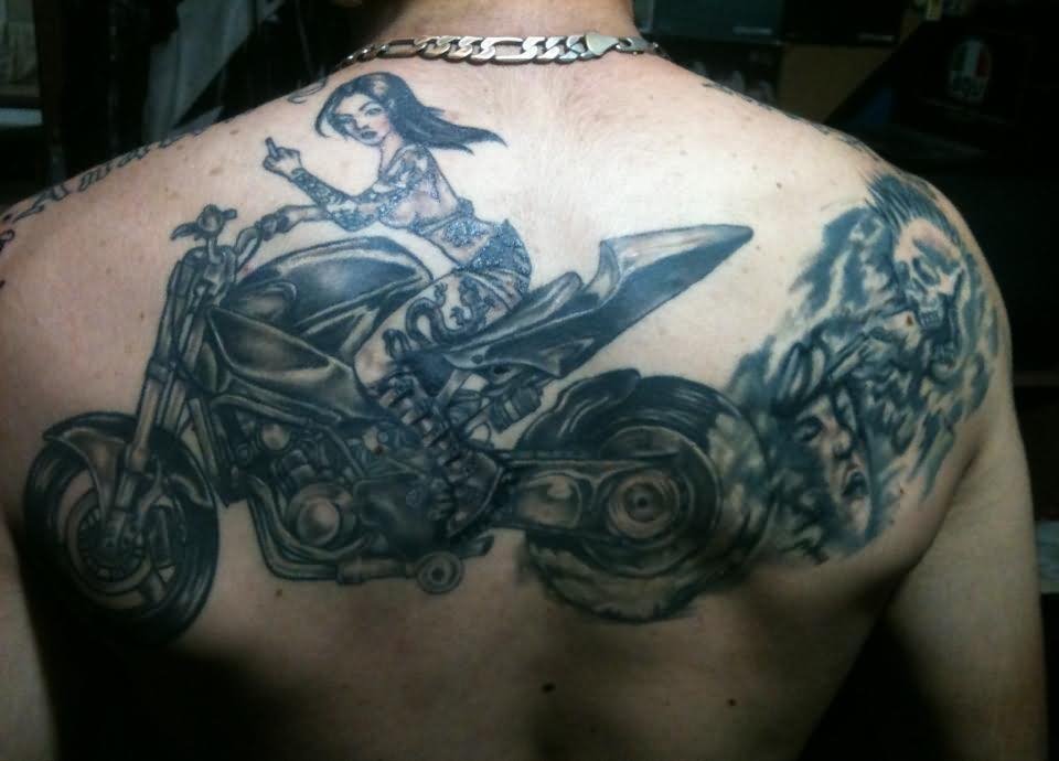 Harley Davidson Motorbike Tattoo On Man Upper Back