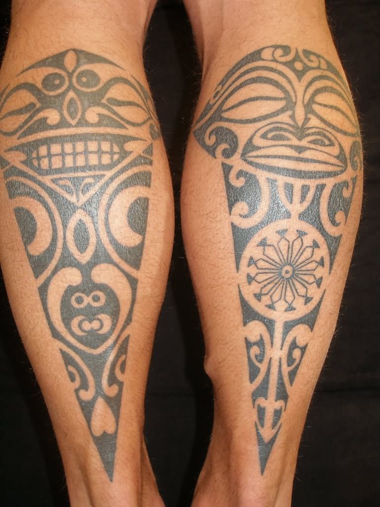 Hawaiian Design Tattoo On Both Leg Calf