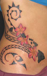 Hawaiian Design With Flower Tattoo On Side Rib