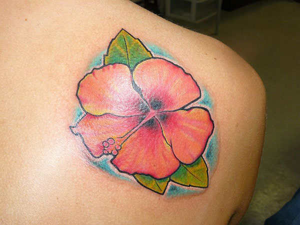 Hawaiian Flower Tattoo On Right Back Shoulder