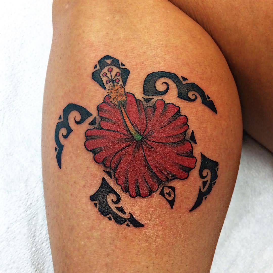 Hawaiian Flower Turtle Pattern Tattoo Design For Leg