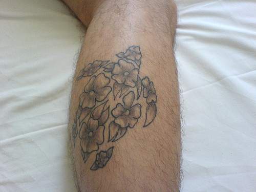 Hawaiian Flowers Turtle Tattoo Design For Leg Calf
