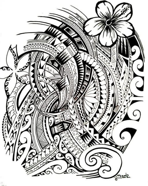 Hawaiian Pattern With Flowers Tattoo Design
