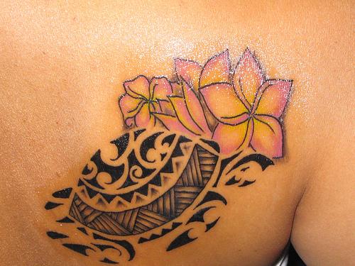 Hawaiian Turtle With Flowers Tattoo Design For Back Shoulder