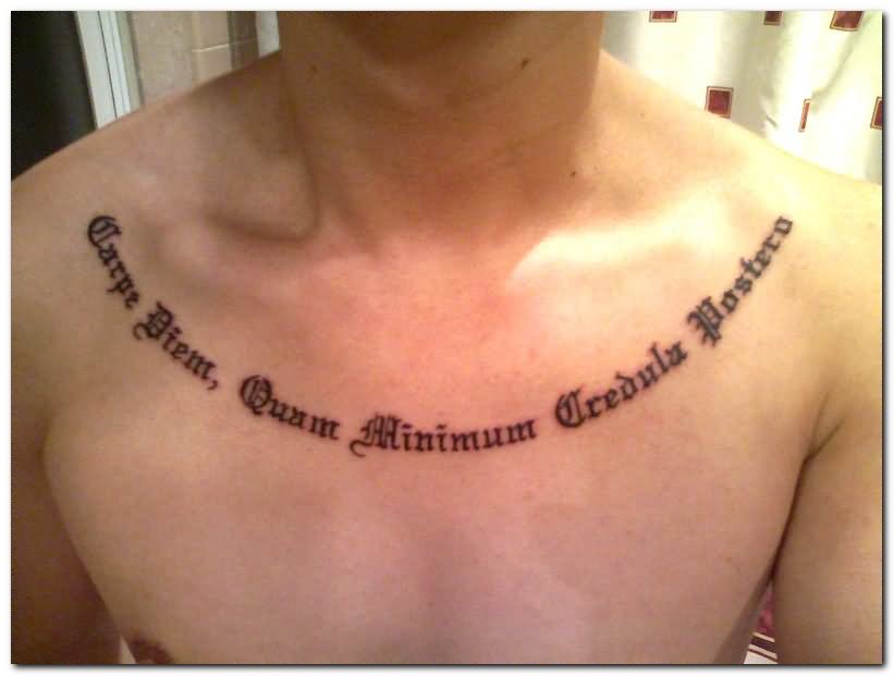 Hebrew Phrases Tattoo On Man Collarbone