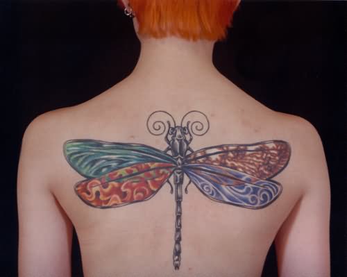 Hippie Dragonfly Tattoo On Upper Back