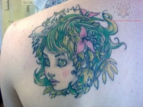 Hippie Girl Face Tattoo On Left Back Shoulder