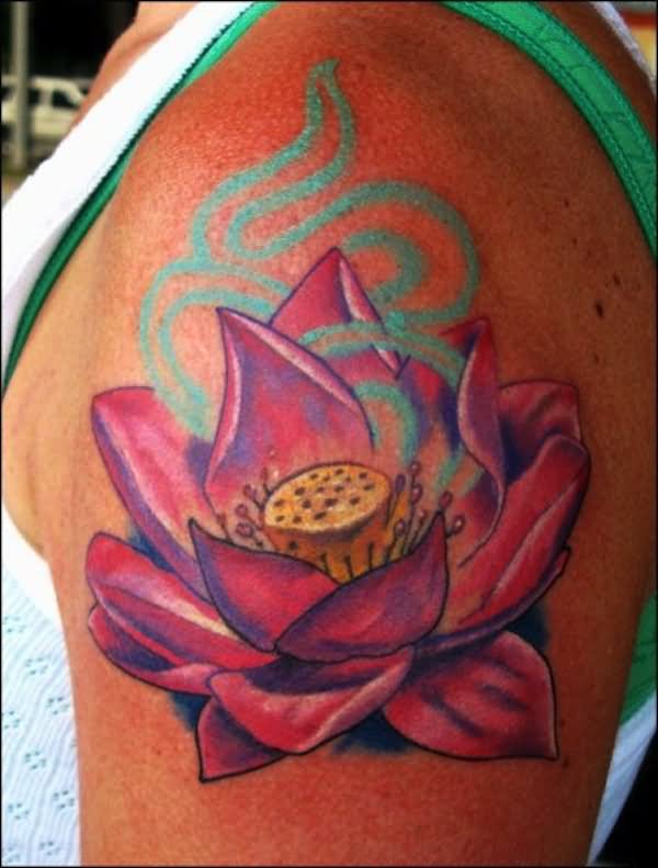 Hippie Lotus Flower Tattoo On Left Shoulder