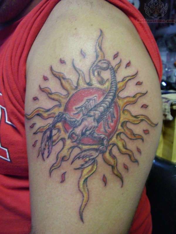 Hippie Scorpion With Sun Tattoo Design For Shoulder