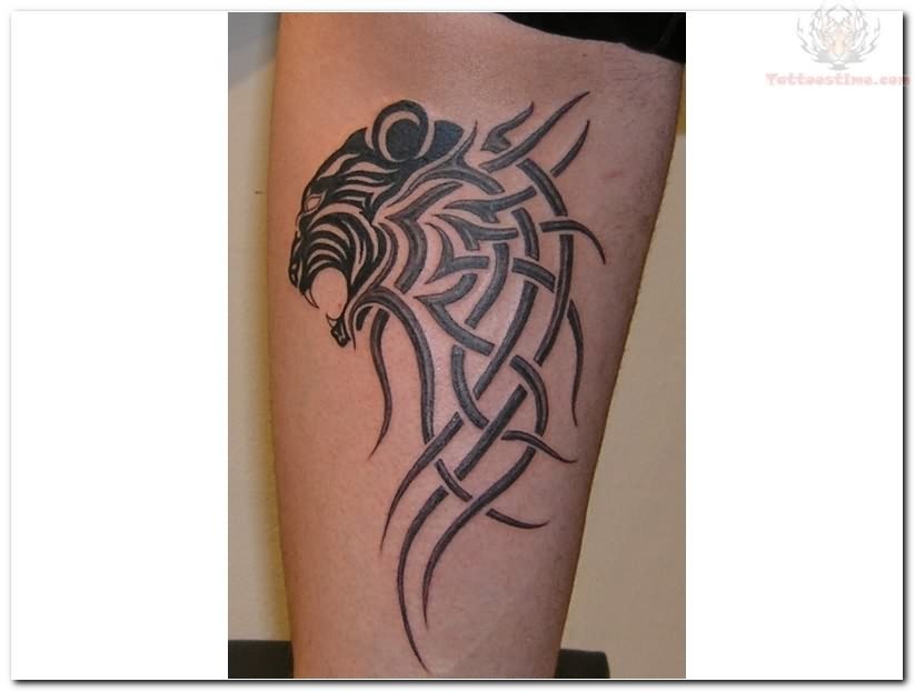 Impressive Black Leo Tattoo Design For Arm