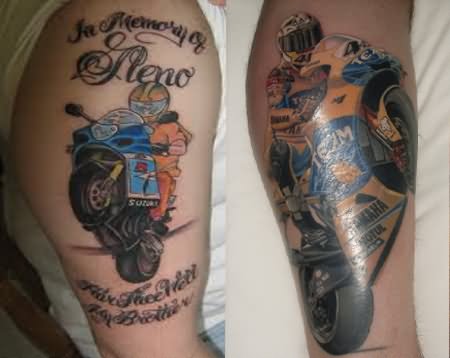 In Memory Of Neno Motorcycle Tattoo On Sleeve