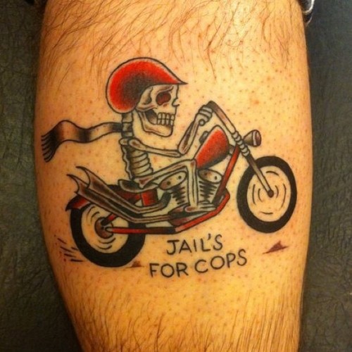 Jail's For Cops Motorcycle Tattoo On Leg