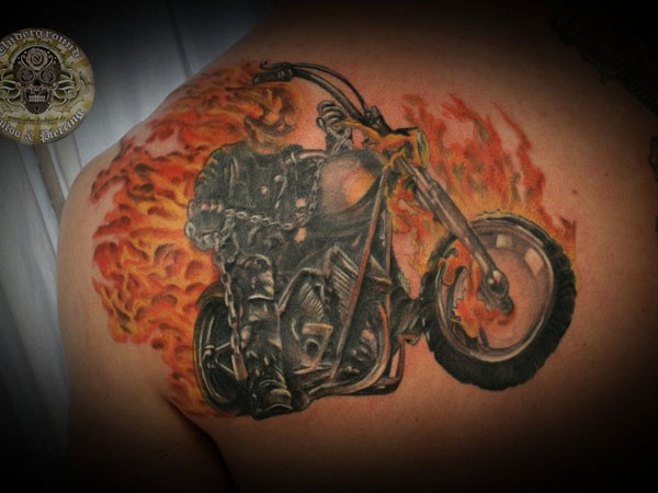Left Back Shoulder Ghost Rider Motorcycle Tattoos