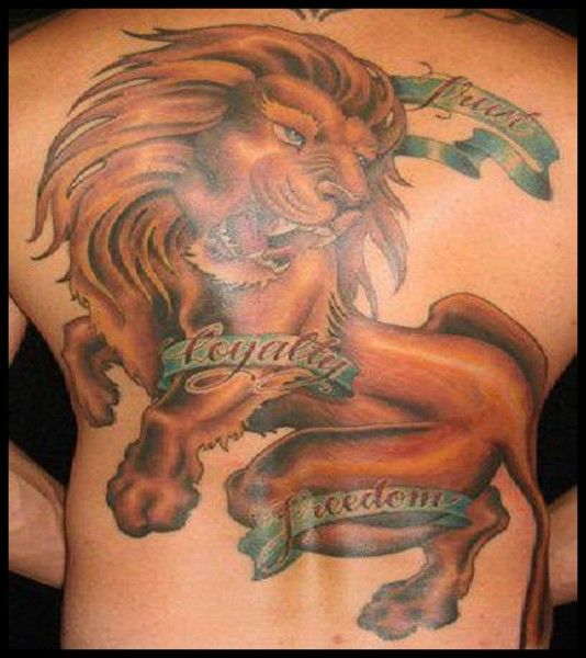 Leo With Banner Tattoo On Guy Full Back