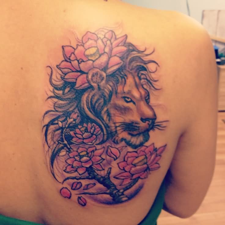 Leo With Flowers Tattoo On Girl Right Back Shoulder