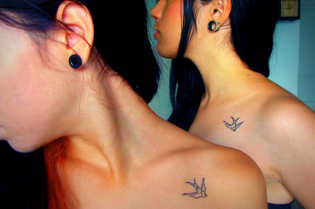 Matching Flying Birds Friendship Tattoos On Front Shoulder