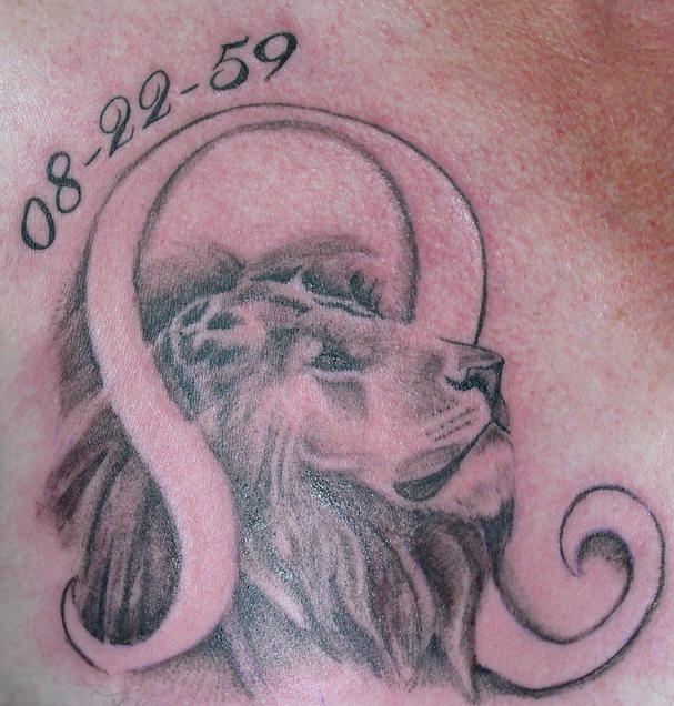 Memorial Gery Ink Lion With Leo Symbol Tattoo Design