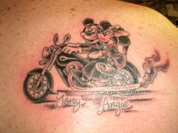 Mickey And Minnie On Motorbike Tattoo On Right Back Shoulder
