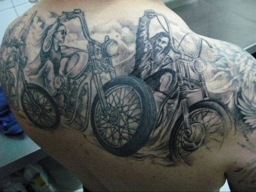 Motorbike Riders Tattoos On Upper Back