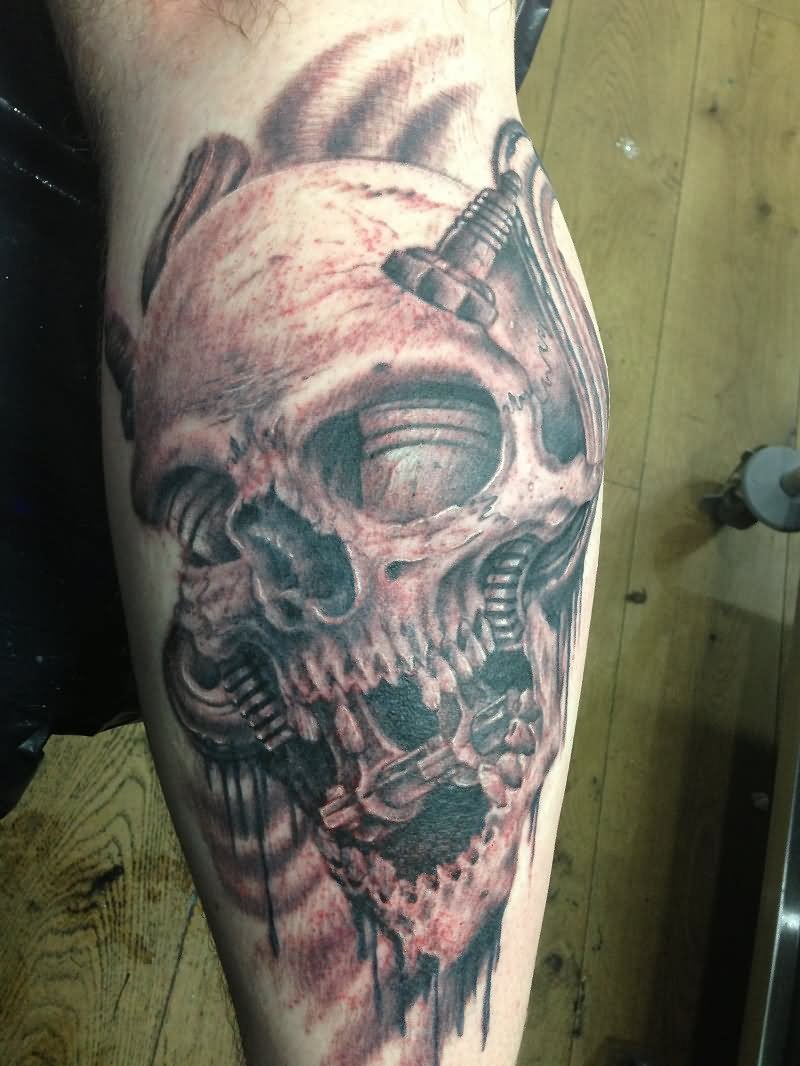 Motorbike Skull Tattoo On Leg