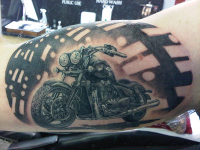 Motorbike Tattoo On Bicep by Stu mo