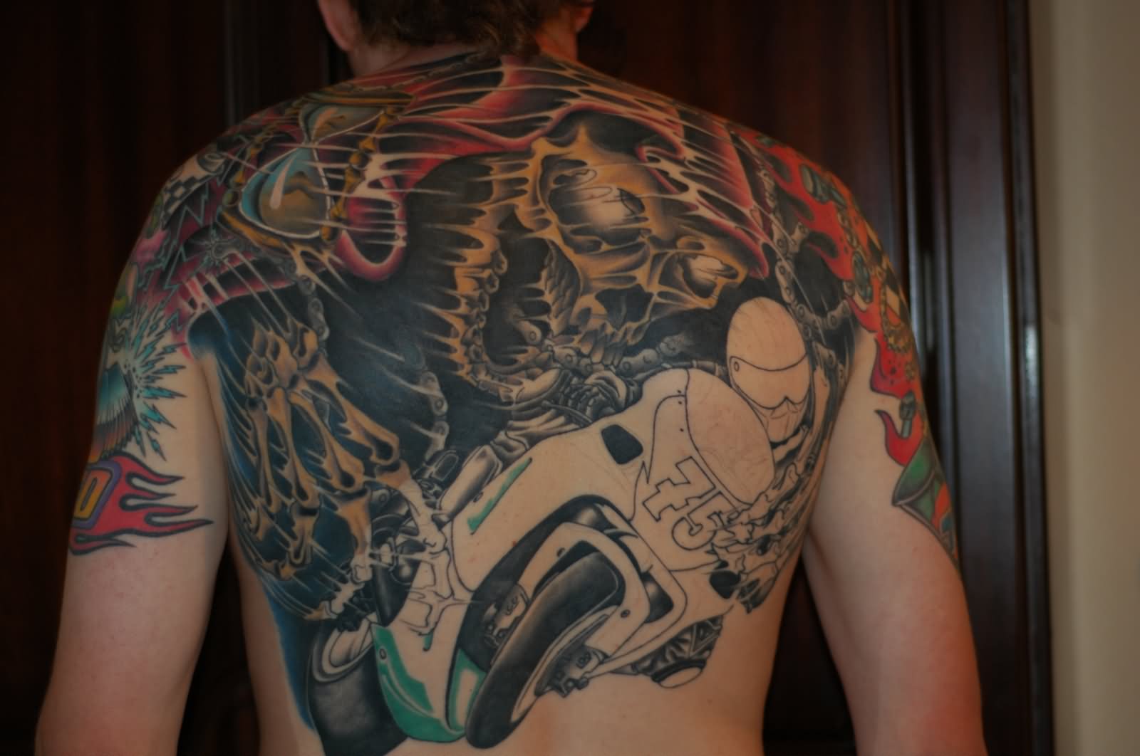 Motorbike Tattoo On Man Full Back Body