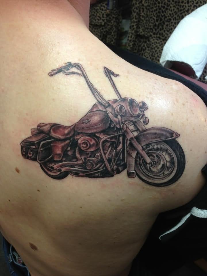 Motorbike Tattoo On Man Right Back Shoulder